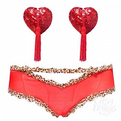 Набор: красные пэстис-сердечки в блестках с кисточками и красные трусики с леопардовой отделкой Набор: красные пэстис-сердечки в блестках с кисточками и красные трусики с леопардовой отделкой